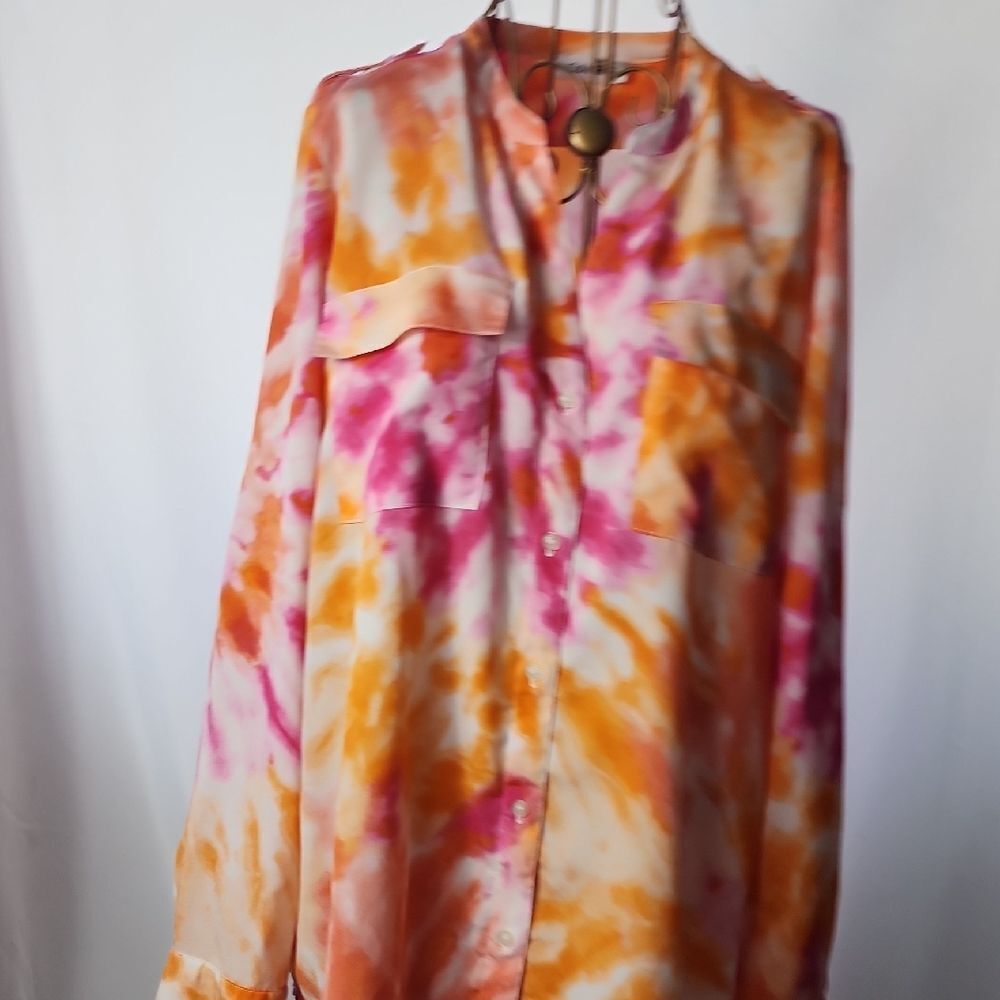Calvin Klein Blouse Size L Colorful Button Up Mandarin Collar Pockets